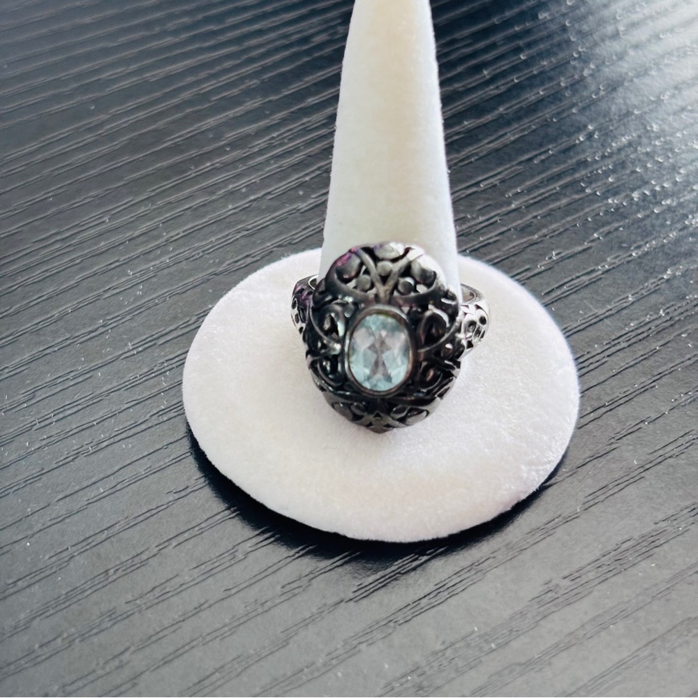VINTAGE Sterling Silver Filigree Blue Stone Ring 925